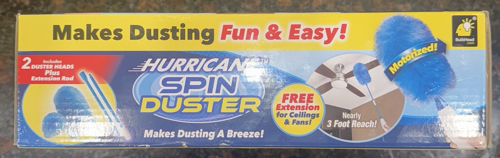 Hurricane Spin Duster Motorized Dust Wand w/3ft Extension For Ceiling Fans NIB