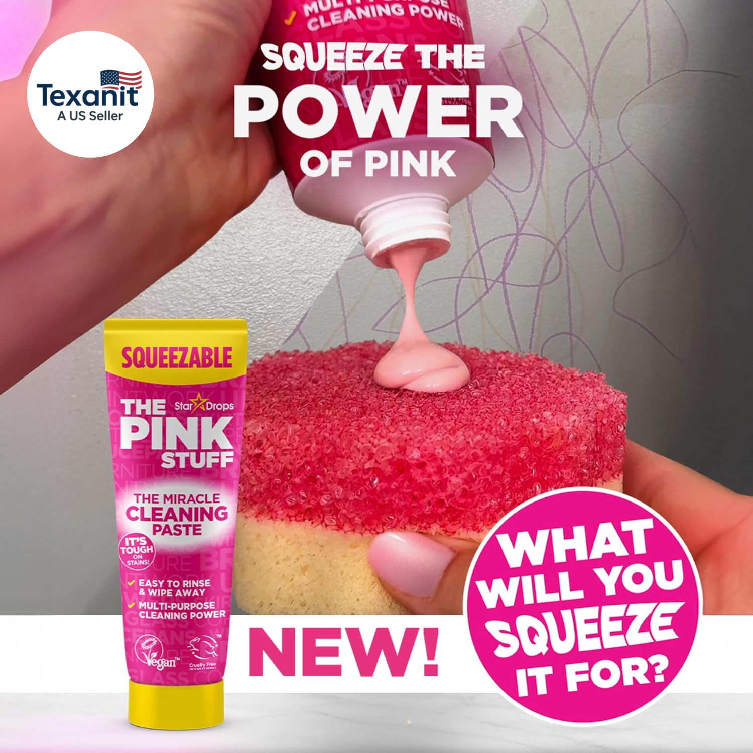 The Pink Stuff Squeezable Cleaning Paste 300G with Sqeezy Scrubber Sponge | Powe
