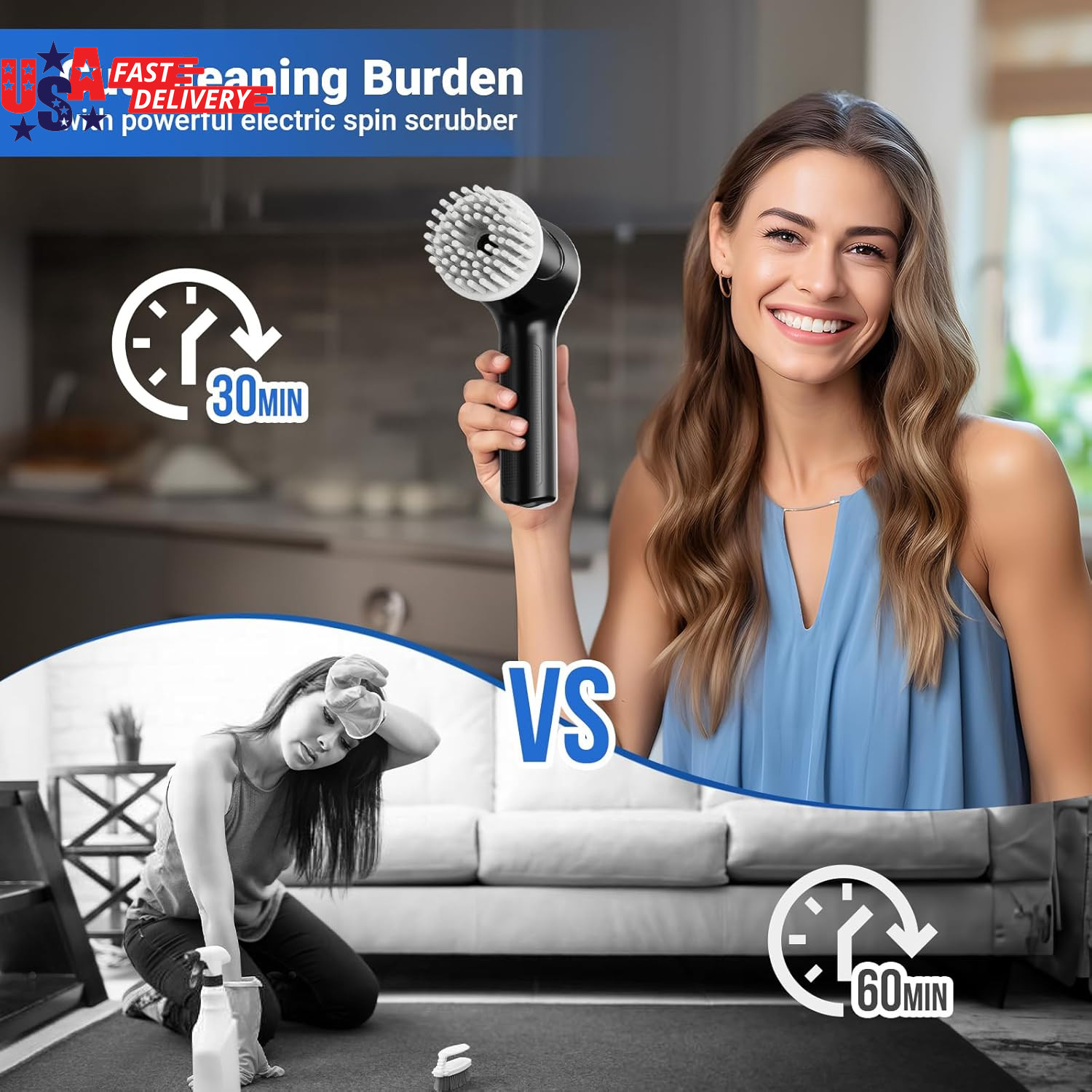 Electric Spin Scrubber, Cordless Shower Scrubber with Battery Level Display, 2 S
