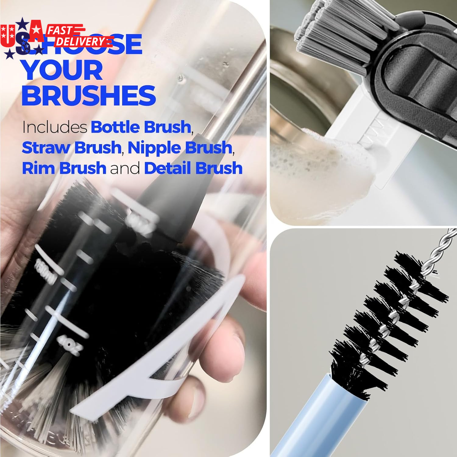 6 Pack Bottle Brush Set, 14″ Long Handle Stainless Steel Bottle Cleaner Brush, 3