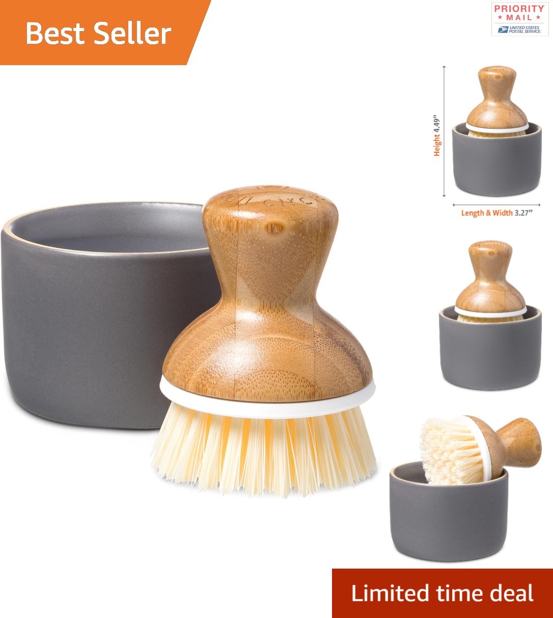 Ceramic Soap Dispenser and Bamboo Handle Dish Brush Set for Kitchen Cleaning