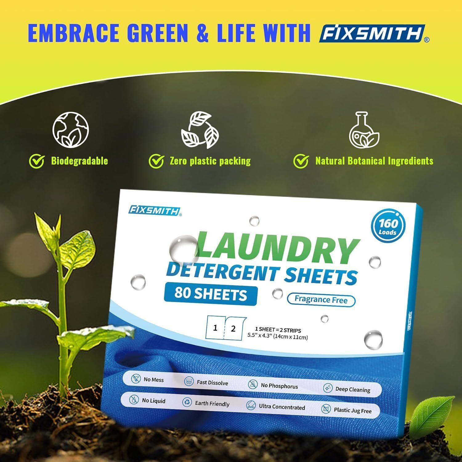 Fixsmith Laundry Detergent Sheets – 160 Loads (80 Sheets) Fragrance Free –