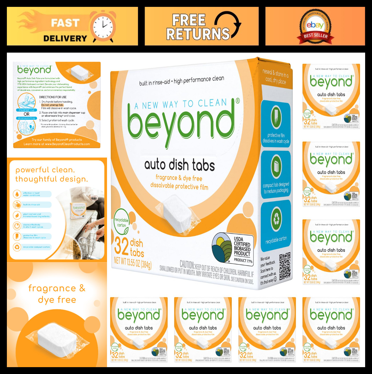 Natural Dishwasher Tablets – 256 Count, Fragrance & Dye Free, Biobased, Plant-Ba