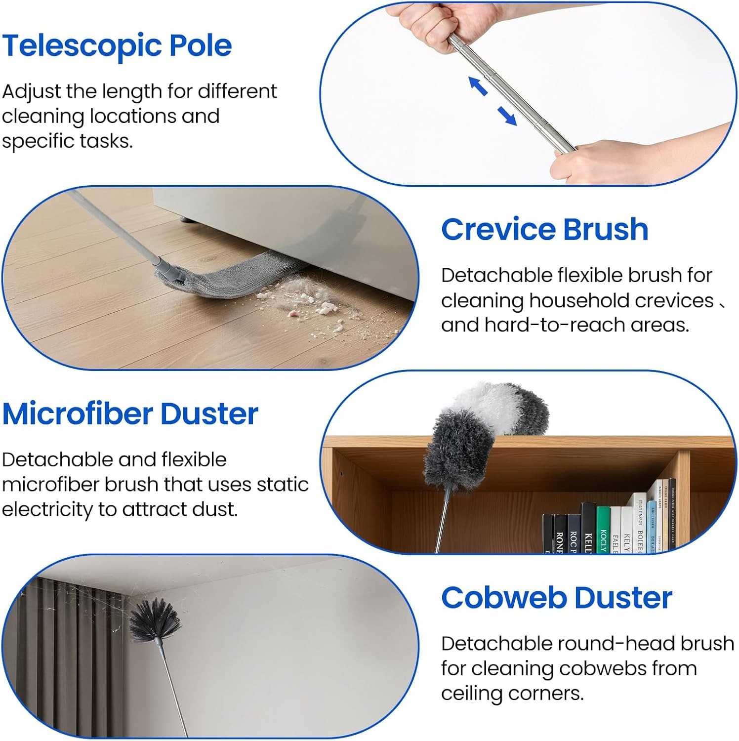 Extra-Long Dusters Kits with Extension Pole, 5 in 1 Cleaning Tools with Exten…