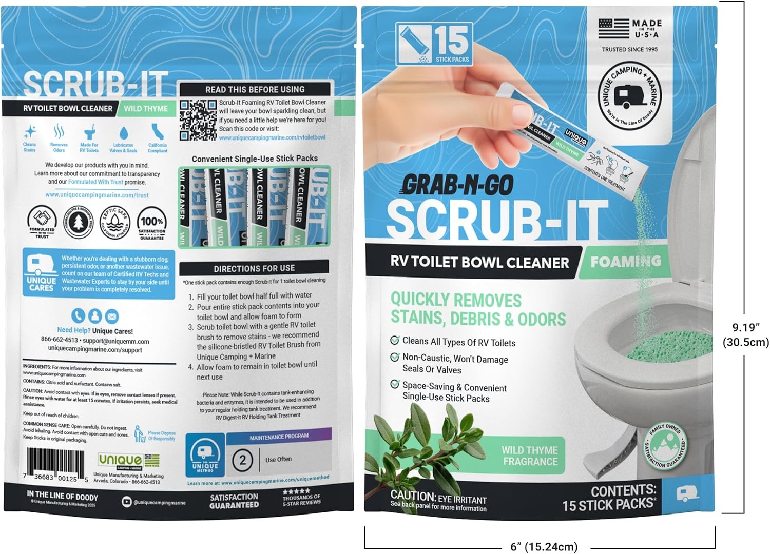 Unique Scrub-It Foaming RV Toilet Cleaner – Wild Thyme Scent, 15 Count Stick Pac
