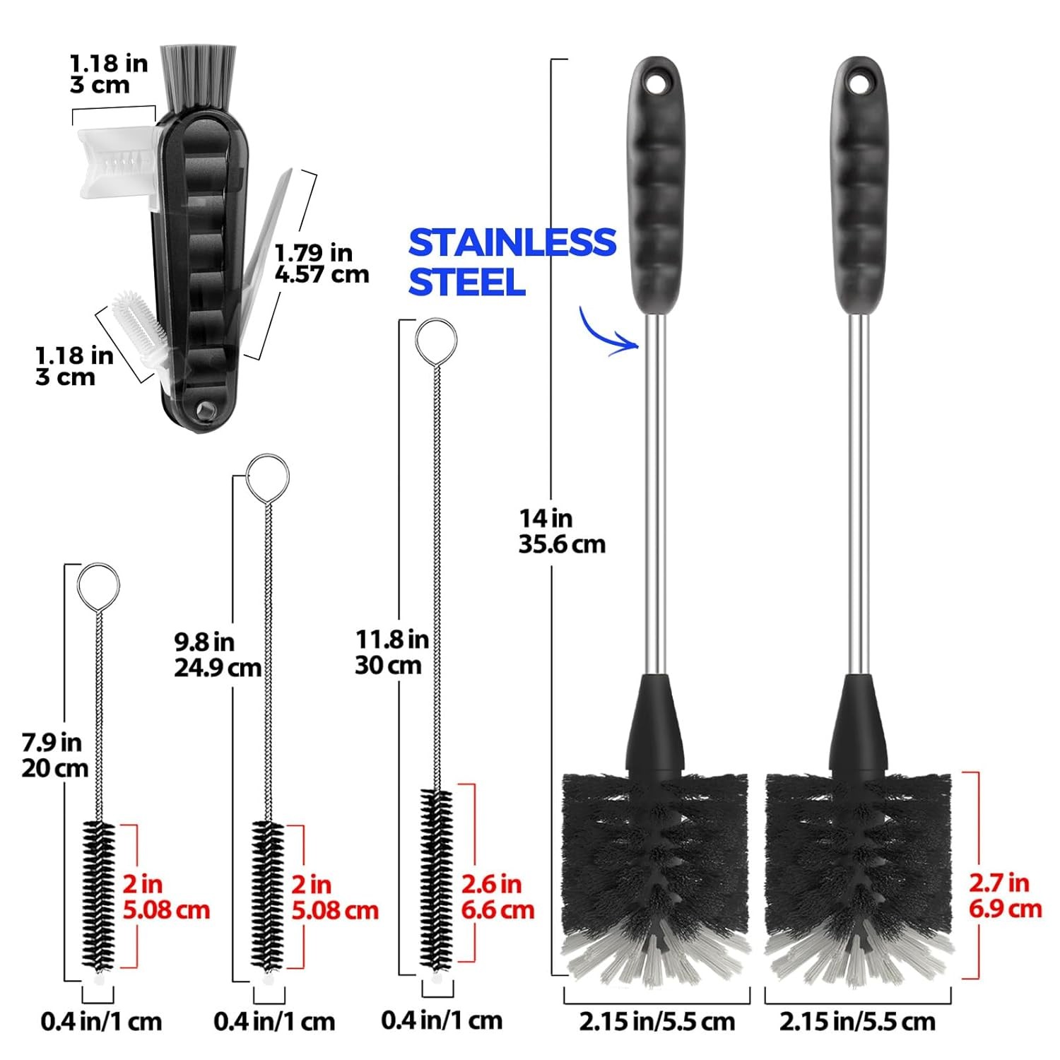 6 Pack Stainless Steel Long Handle Bottle Cleaning Brush Set 14 Inch Cleaner