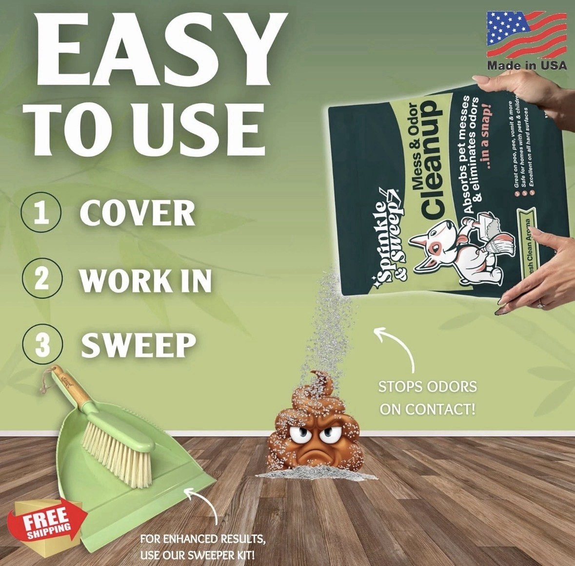 Sprinkle & Sweep Pet Mess Odor Cleanup Duo 15oz Bag Dustpan Broom Kit