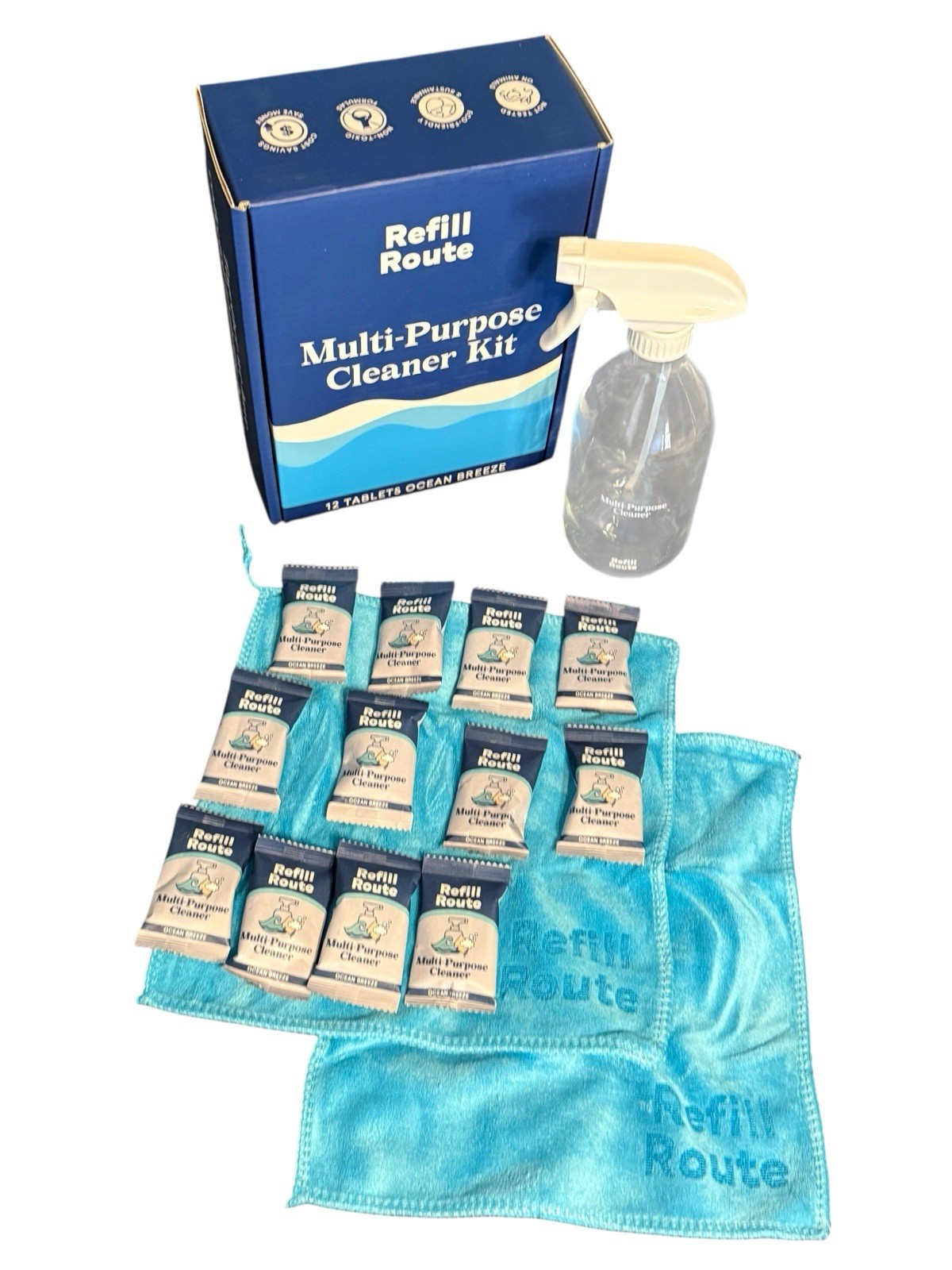 Multi-Purpose Cleaner/Degreaser Kit, Glass Spray Bottle, Towels + 12 Refill Tabs