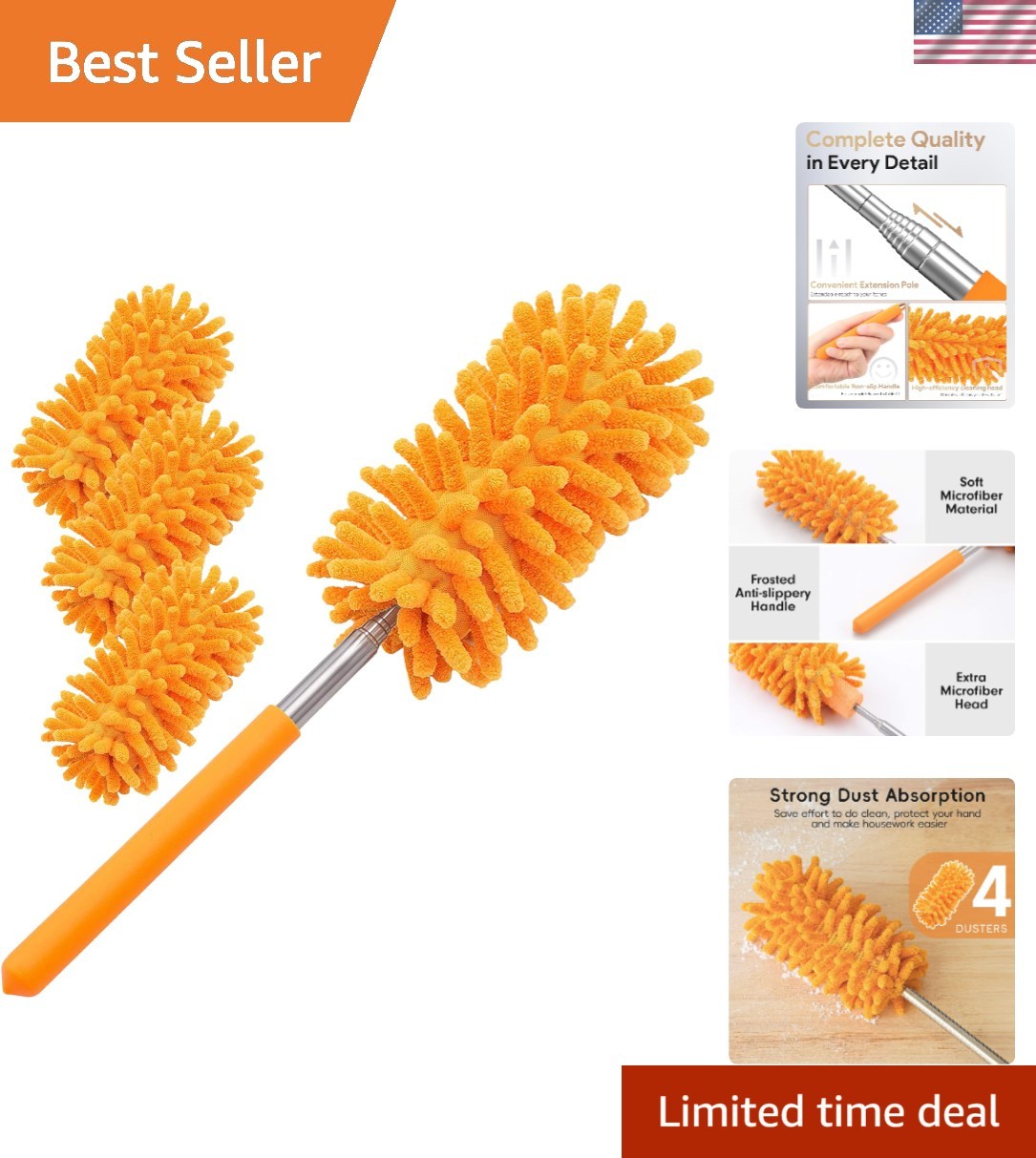Compact Microfiber Duster with 4 Heads – Perfect for Car, Home & Office Cleaning