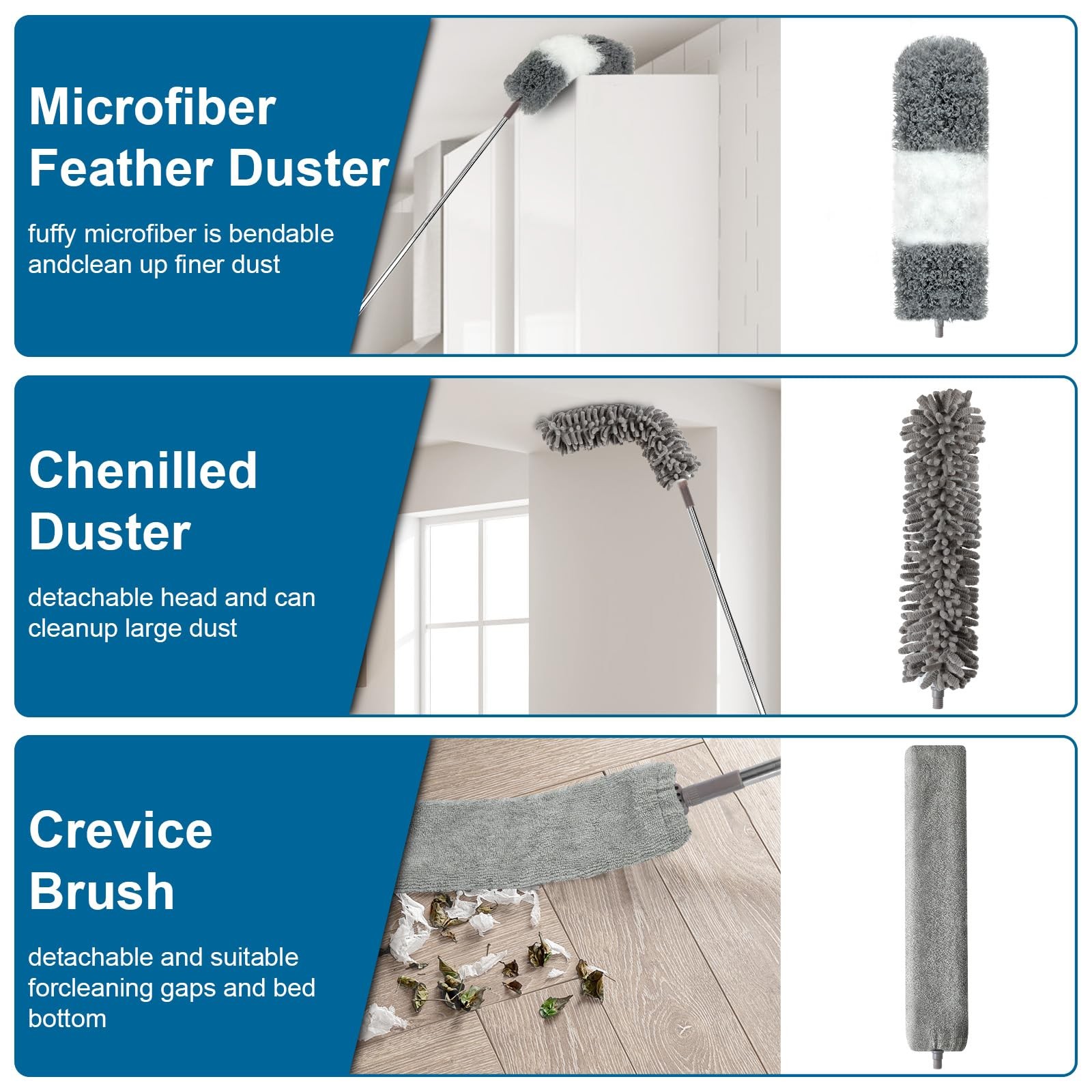 Microfiber Duster 4PCS with Extension Pole(Stainless Steel) 30 to 100 Inches
