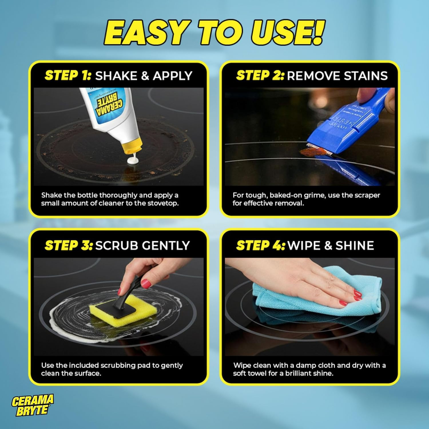 Cerama Bryte Glass Cooktop and Stove Top Cleaner Combo Kit – Includes Cleaning T