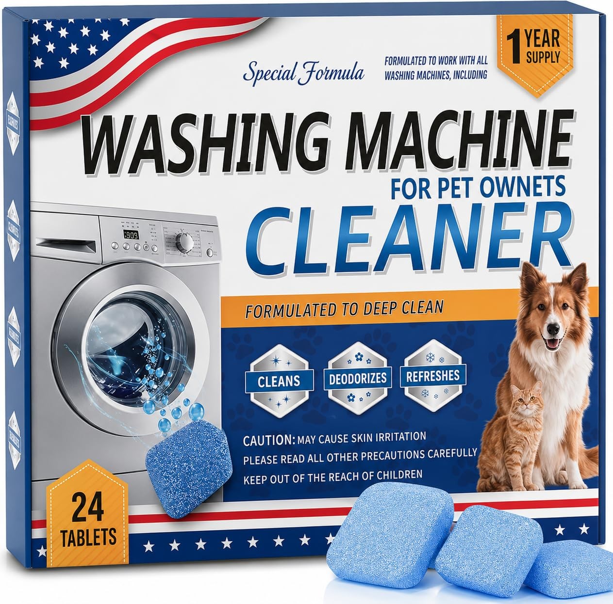 24 Pack Washing Machine Cleaner Tablets – Special Formula for Pet Owners, Remove