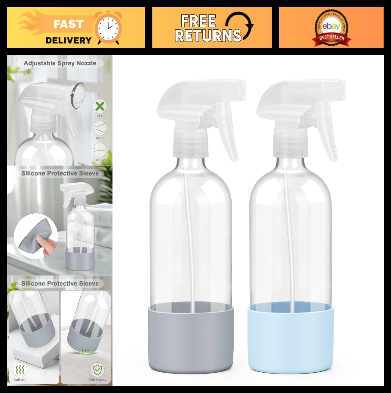 2 Pack 16 oz Glass Spray Bottles with Silicone Sleeve & Adjustable Nozzles – Ref