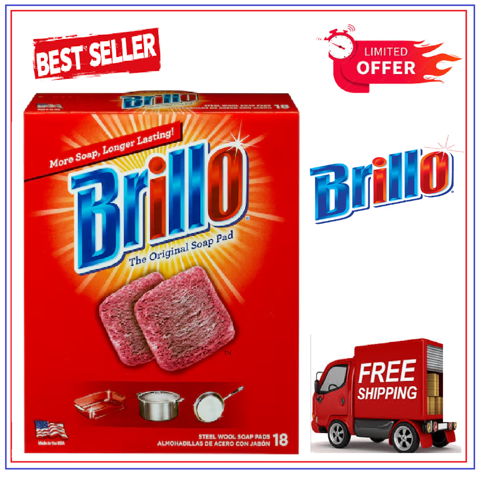 18 PADS – Brillo Steel Wool Scouring Soap Pad Pots Pans Grills Dishes Kitchen
