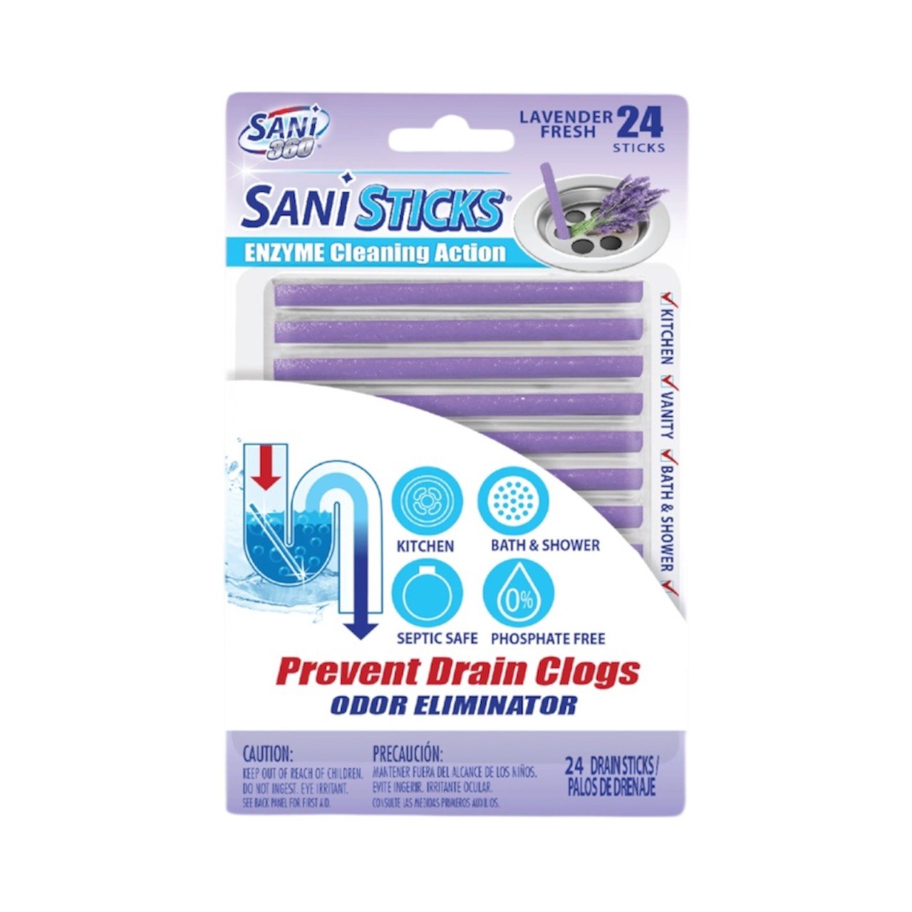SANI 360° Sani Sticks Drain Cleaner and Deodorizer, Lavender Scent, 24 Count