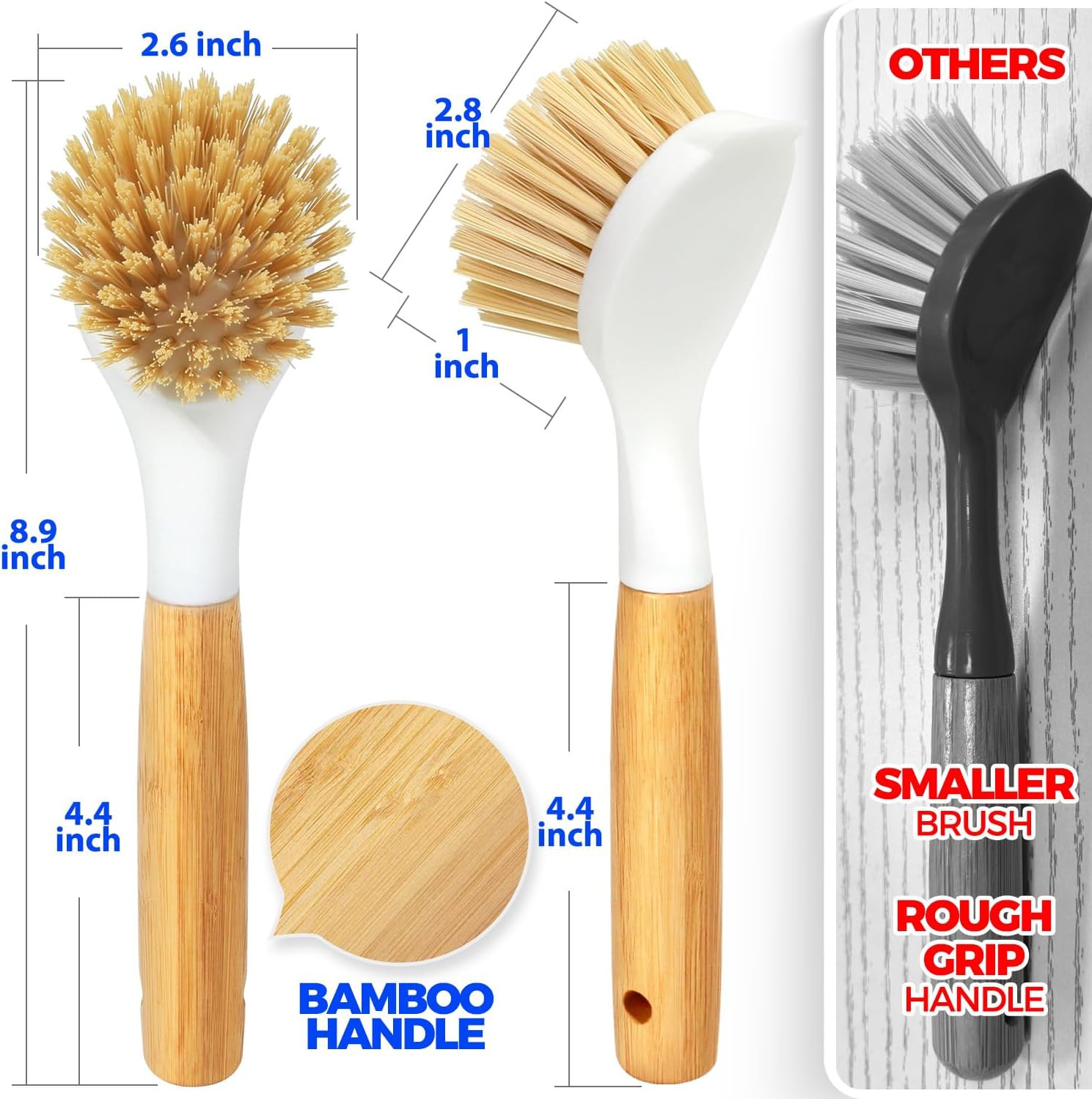 3 Pack Dish Brush Set Bamboo Handle Kitchen Scrubbers Yellow White Black (70