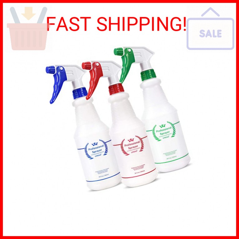 Uineko Plastic Spray Bottle (3 Pack, 24 Oz, 3 Colors) Heavy Duty All-Purpose Emp