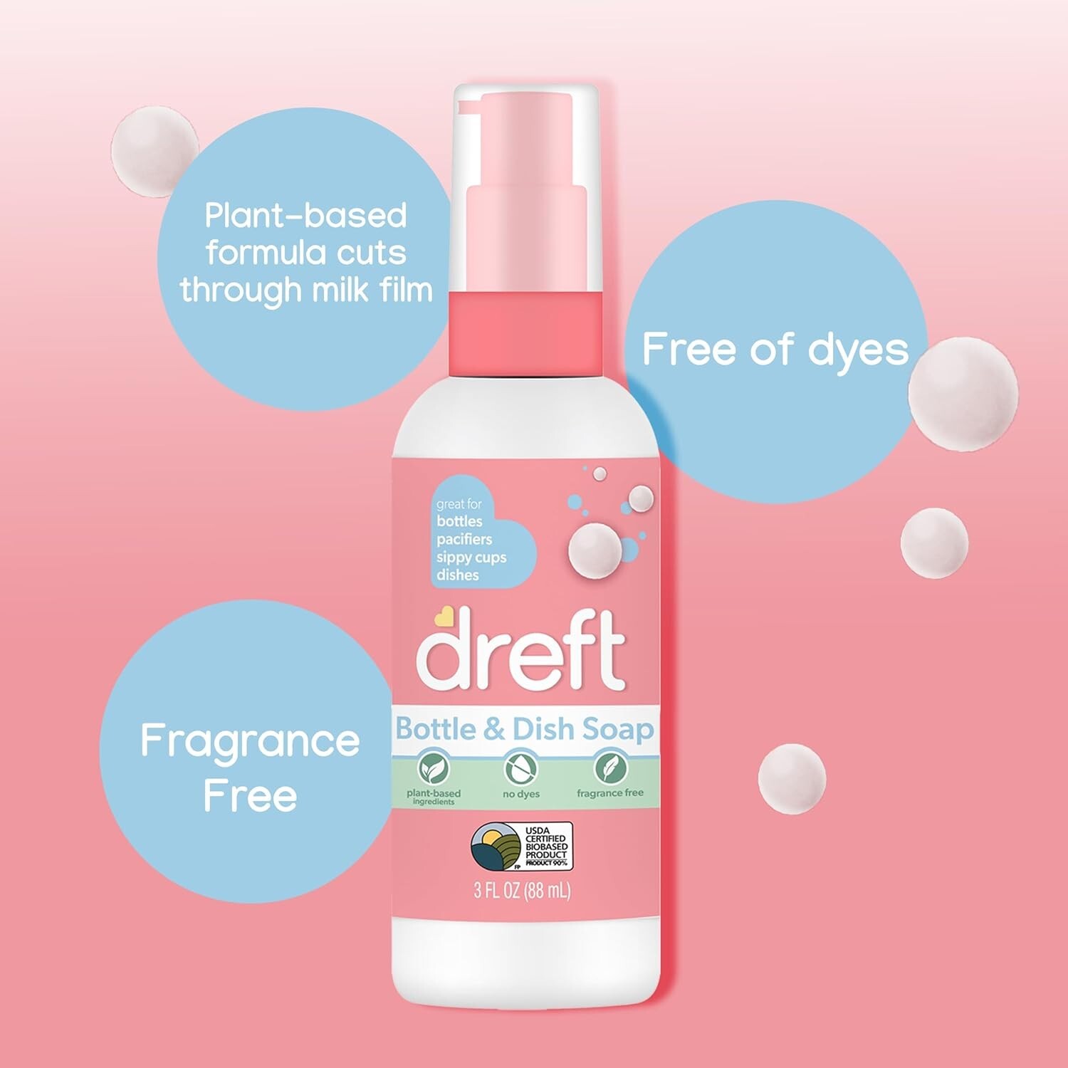 Dreft Bottle and Dish Soap, Fragrance Free Formula, Baby Bottle Wash, 18oz, 3 Pk