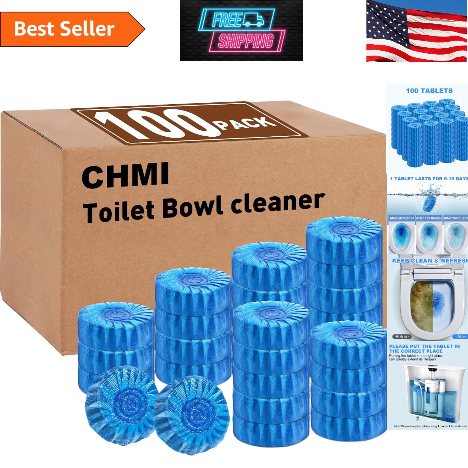 100 Pack Toilet Bowl Cleaner Tablets, Long-Lasting Bathroom Toilet Tank Cleaner.