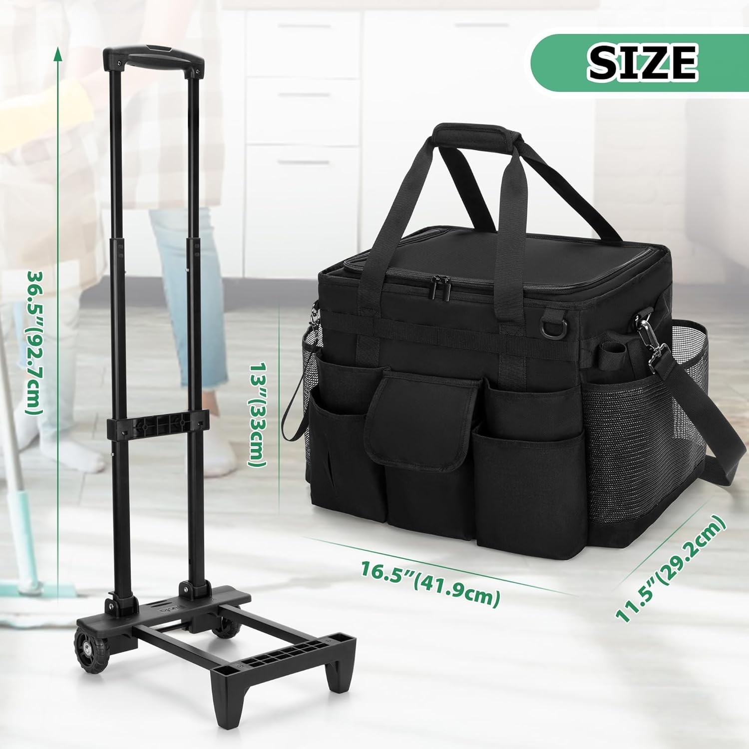 Portable Cleaning Supplies Organizer: Black Rolling Caddy with Adjustable Height