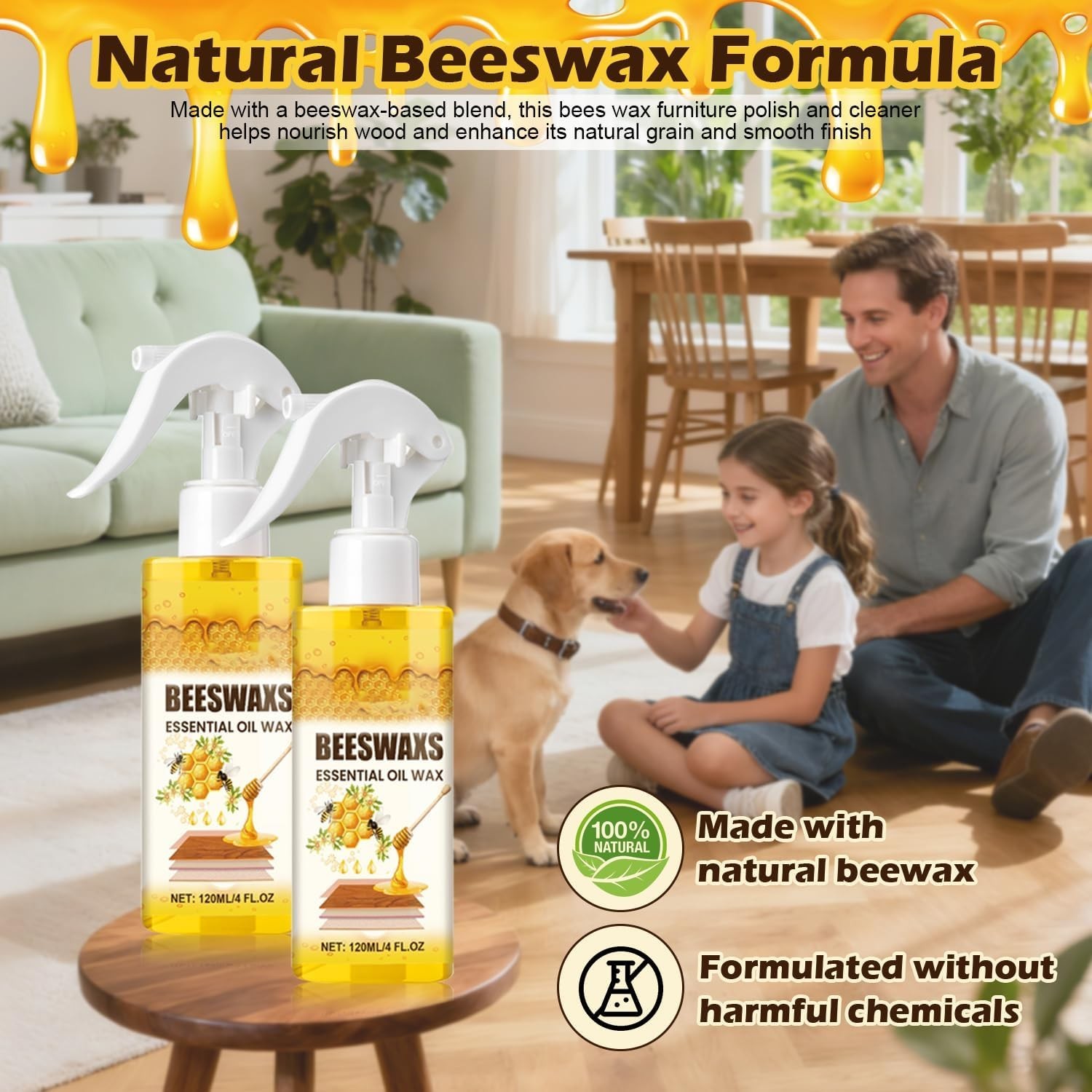Natural Beeswax Polish Spray, Wood Furniture & Floor Cleaning Care