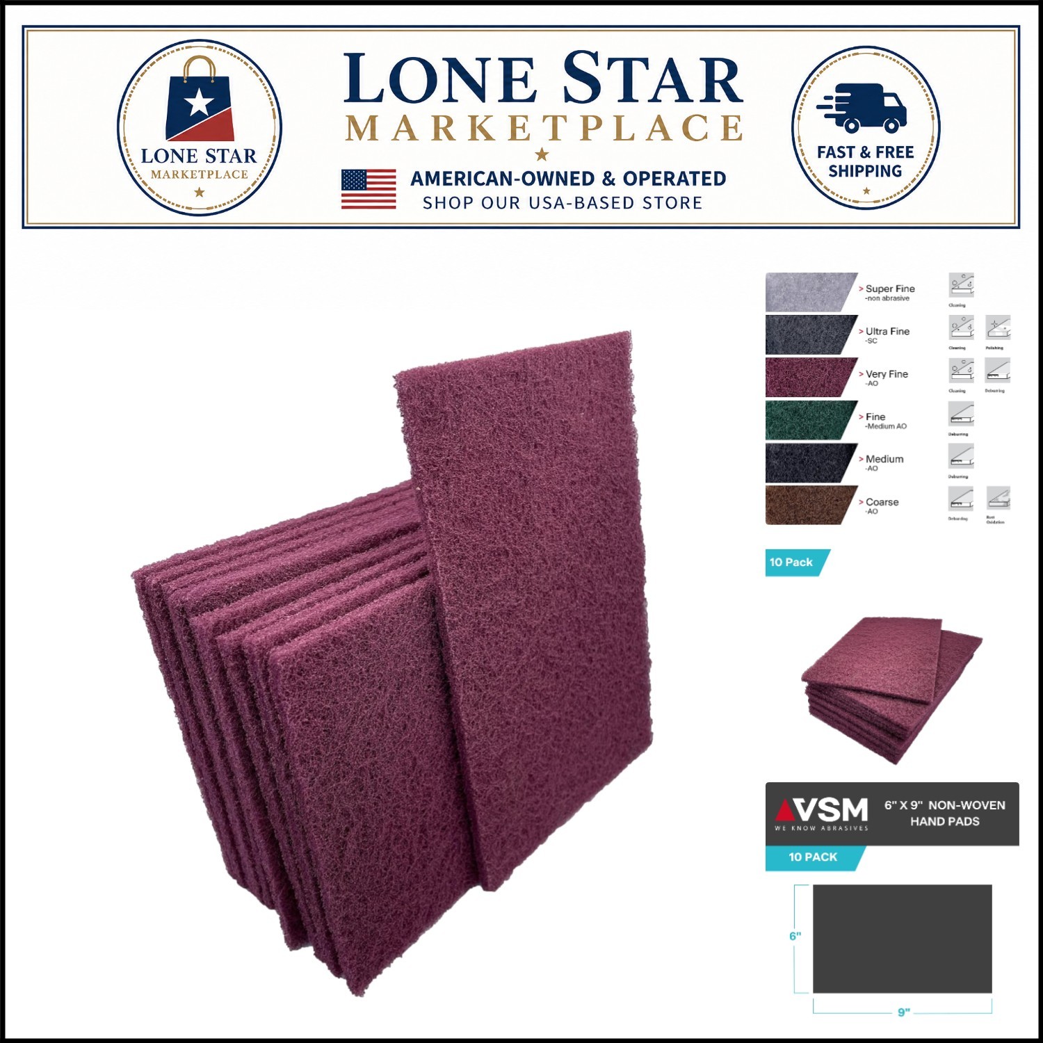 Multipurpose 6″ x 9″ Very Fine Non-Woven Hand Pads – 10 Pack of Aluminum Oxide
