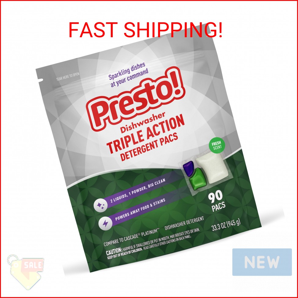 Amazon Brand – Presto! Triple Action Dishwasher Pacs, Fresh Scent, 90 Count