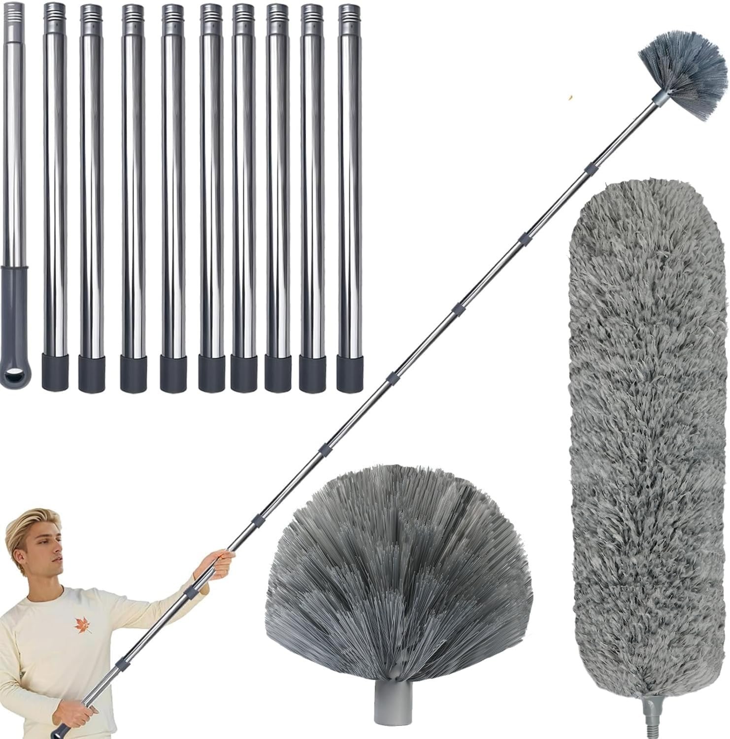 20 Ft+ High Reach Grey Cobweb Duster with 3-14 ft Extension Pole, Webster Cobweb