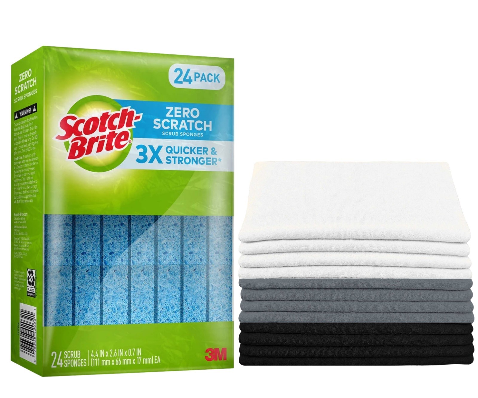 Scotch-Brite ZERO SCRATCH BLUE Scrub Sponges 24 & Washcloth 100% Cotton 11x11in