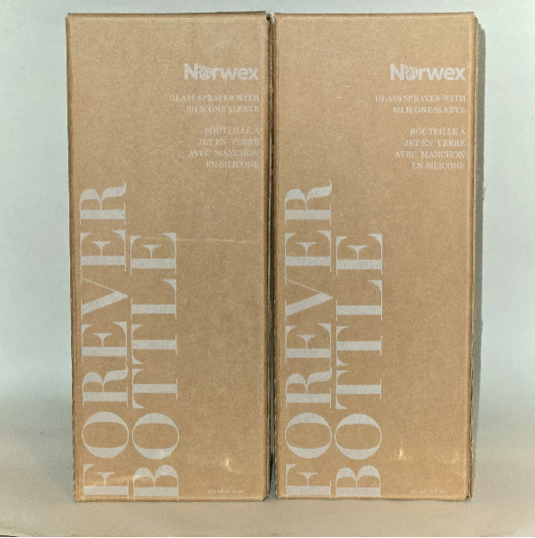 2 New Norwex FOREVER BOTTLES Glass Sprayer With Silicone Sleeve – White 16fl oz