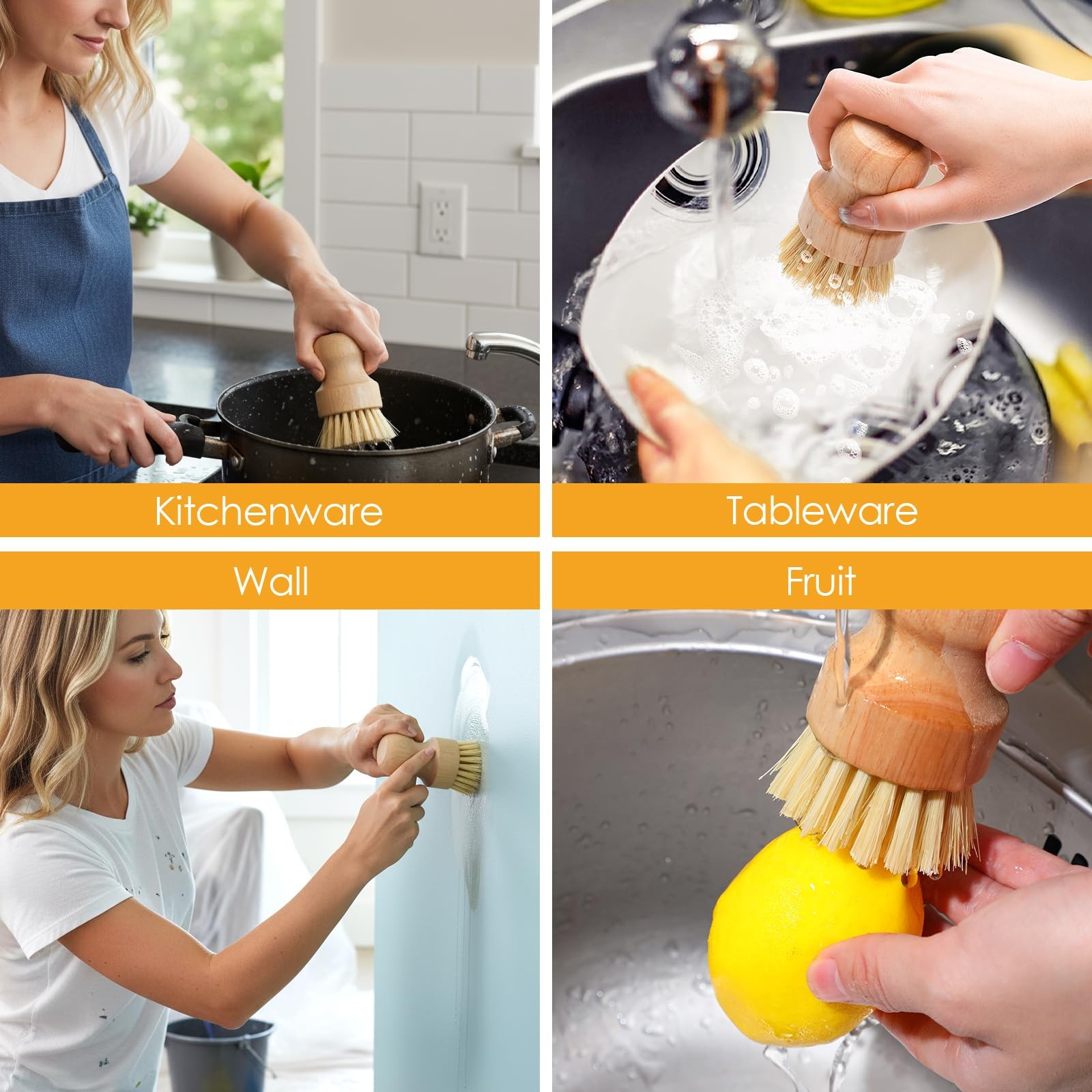 10 Pcs Dish Scrub Brush Set, Mini Natural Wooden Scrubbers Set Round Dish Bru…