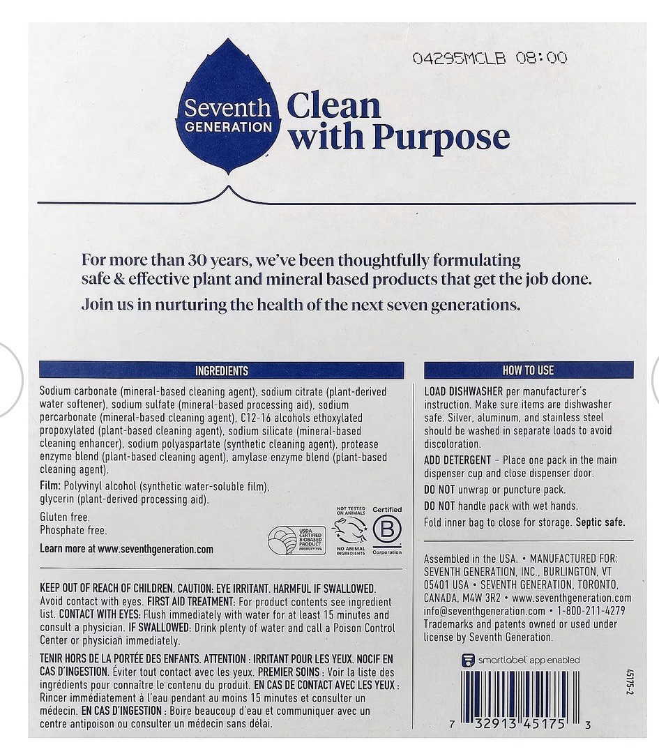 Seventh Generation Dishwasher Detergent Packs 45 Count Free & Clear Dish Pods