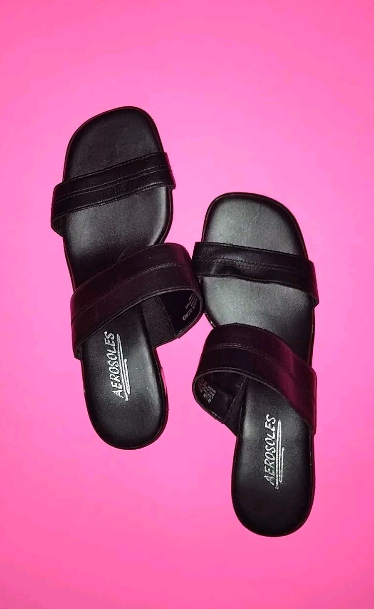 AEROSOLES Slides Weaver Cleaver Black Leather Strap Slip On Sandals Size 8½ New