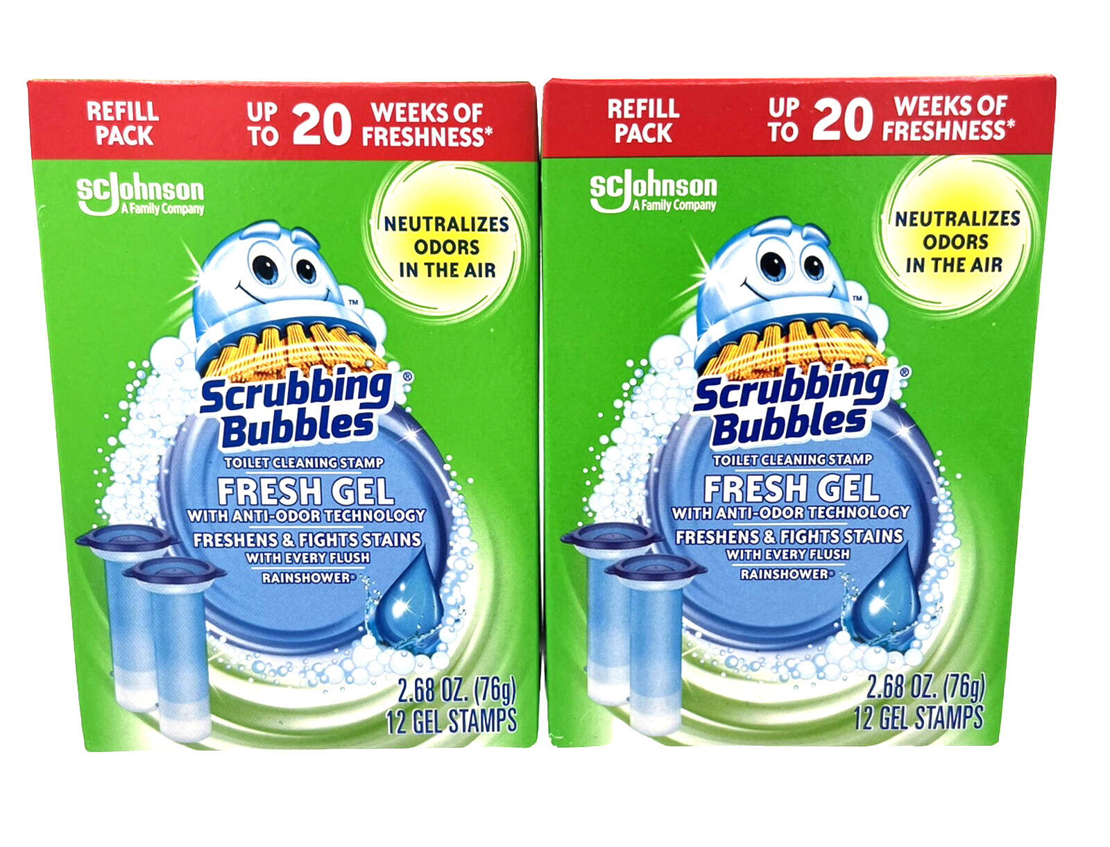 2 X Scrubbing Bubbles Rainshower Toilet Cleaning Stamp Fresh Gel, 12 Refills Ea