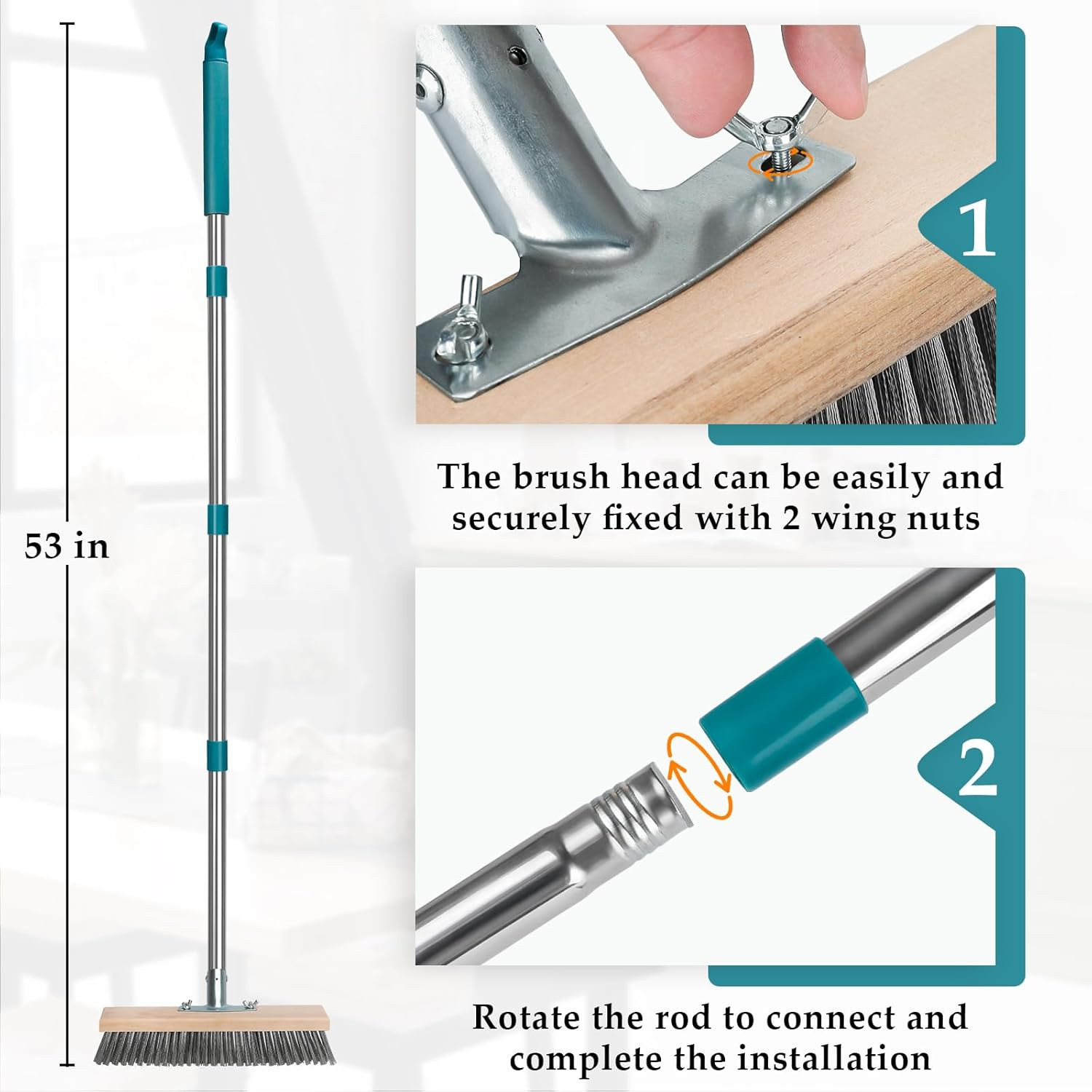 Stainless Steel Deck Scrub Brush with Long Handle, Outdoor Broom for Concrete, D
