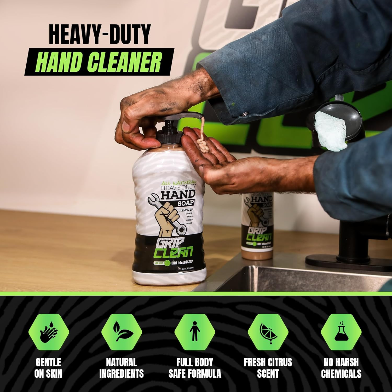 Grip Clean Heavy Duty Hand Cleaner for Mechanics – Natural Pumice & Clay-Infused