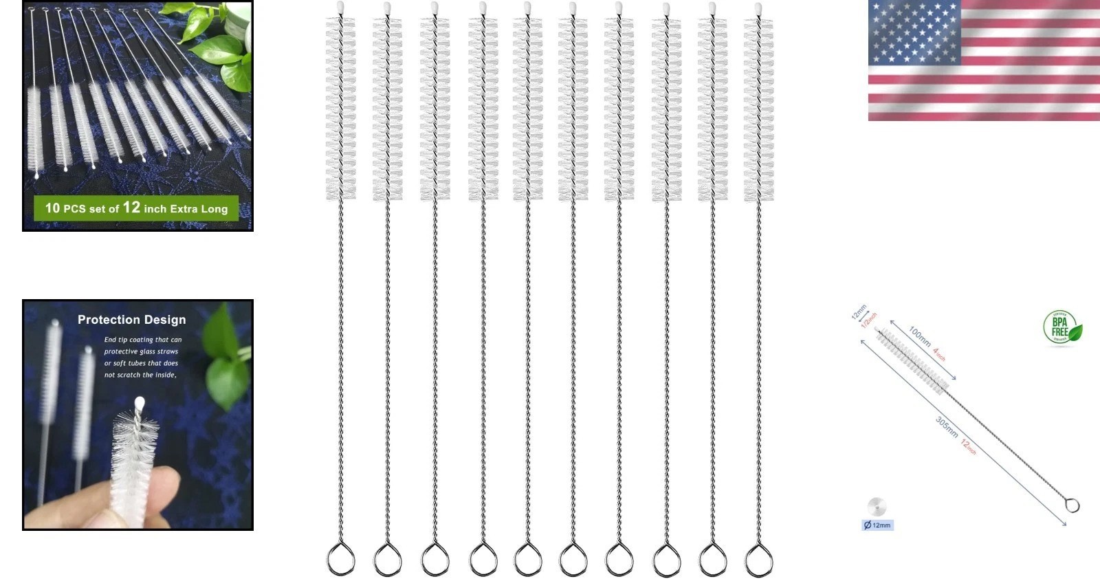 Stainless Steel Handle Straw Brush Set – 12 Inch, 10 Durable Brushes Included