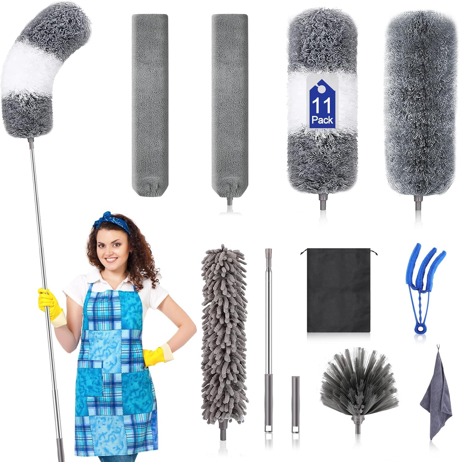 Microfiber Duster Kit (11PCS) – Washable Dusters with Extension Pole (30 to 100