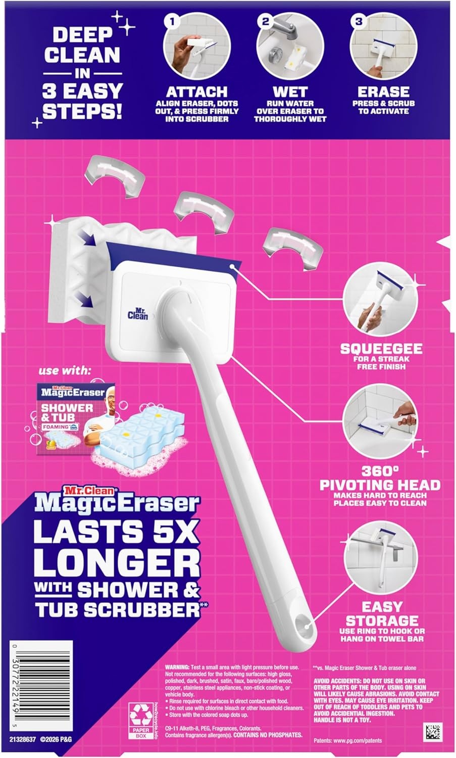 Mr. Clean Shower & Tub Scrubber, Starter Kit, 1 Scrubber & 2 Erasers