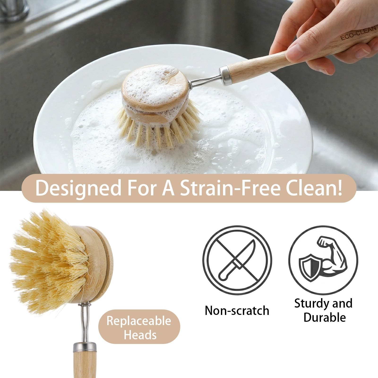 7-Piece Dish Brush Set, Natural Kitchen Scrub Brush Kit with Wooden Handle fo…