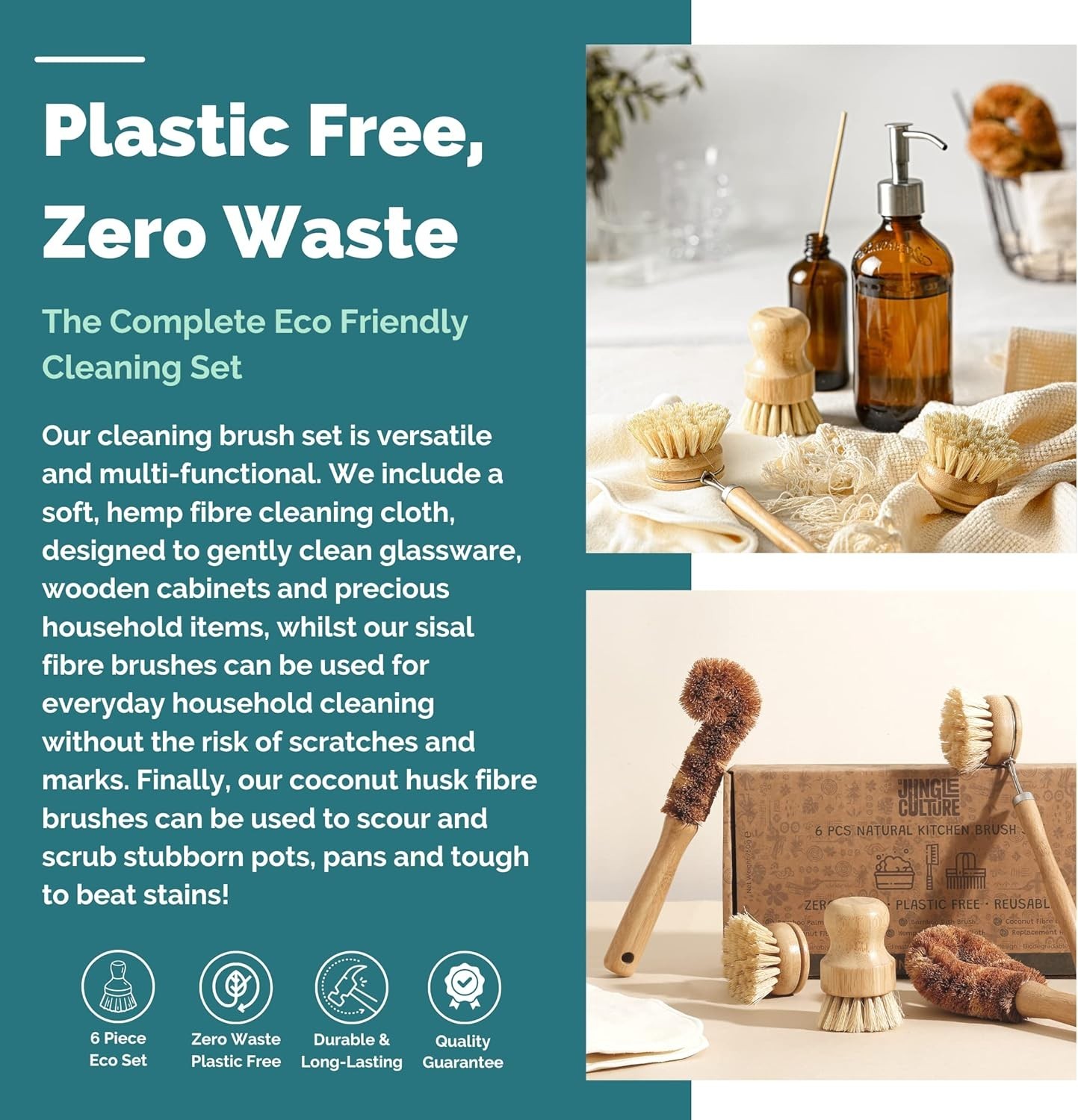 Natural Bamboo and Coconut Dish Brush Set – 6 Versatile Kitchen Cleaning Tools
