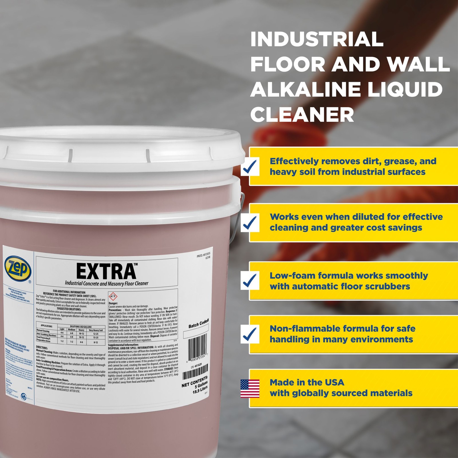 Zep EXTRA Floor Cleaner – 5 Gallon (1 Unit) 72035 – Fast Acting Industrial