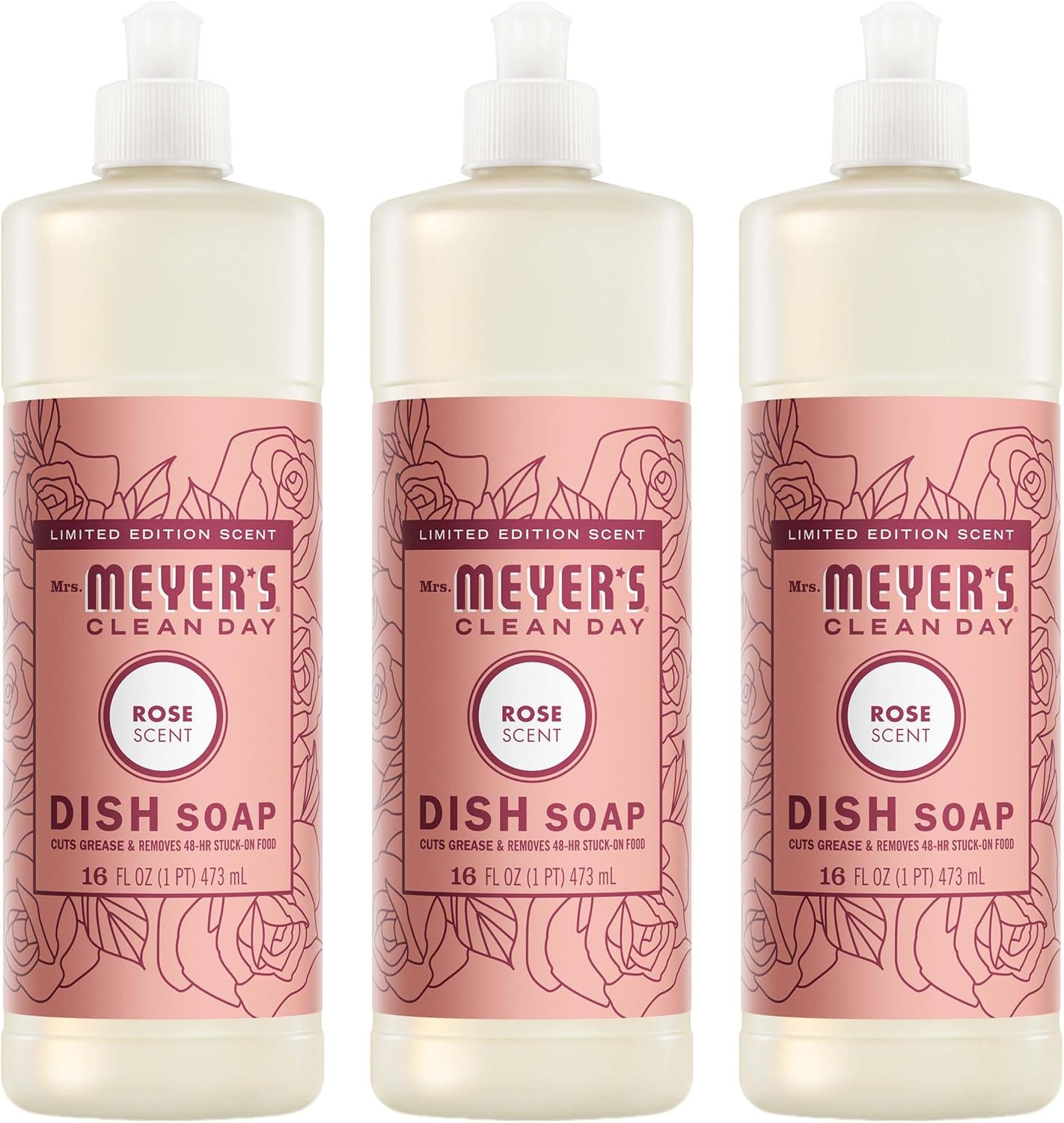 MRS. MEYER’S CLEAN DAY Liquid Dish Soap, Rose Scent, 16 Fl Oz Bottle – 3 Pack