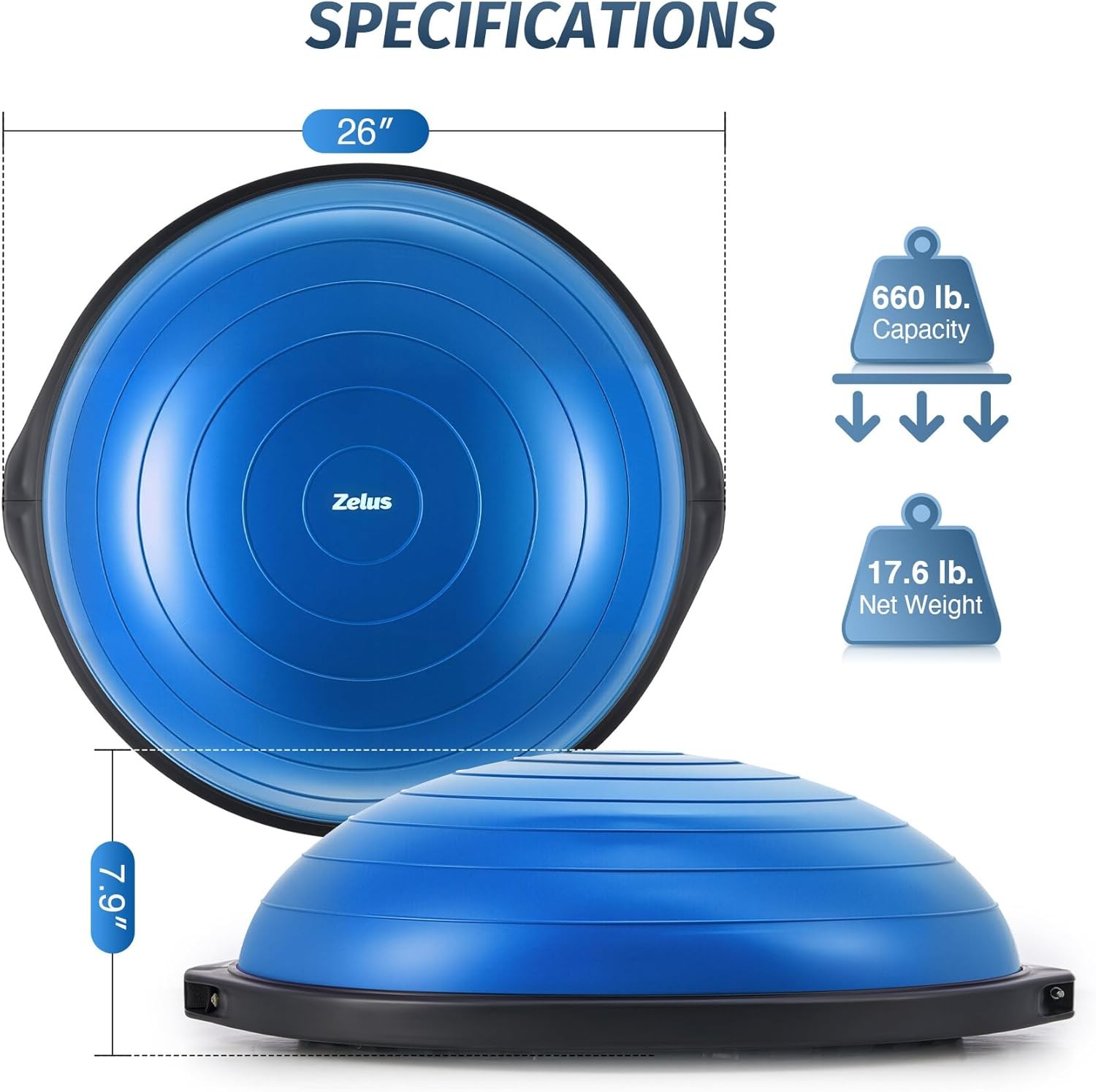 ZELUS 25in. Balance Ball | 660lb Inflatable Half Exercise Ball Wobble Board Ba