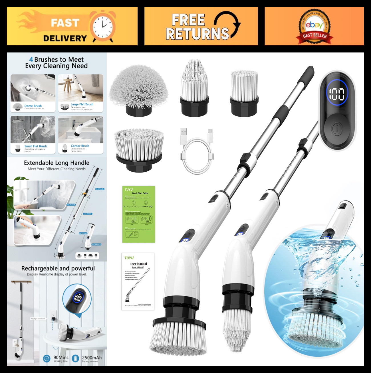 Cordless Electric Spin Scrubber – Waterproof Bathroom Cleaner with LCD Display,