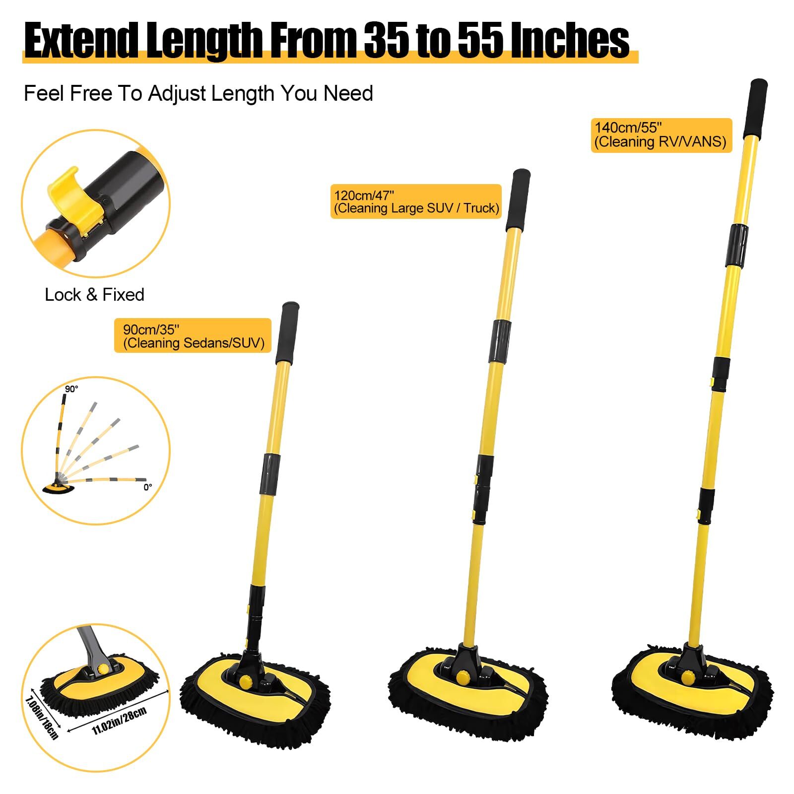 55″ Long Handle Car Wash Brush Mop Kit for Cars RV Trucks Boats