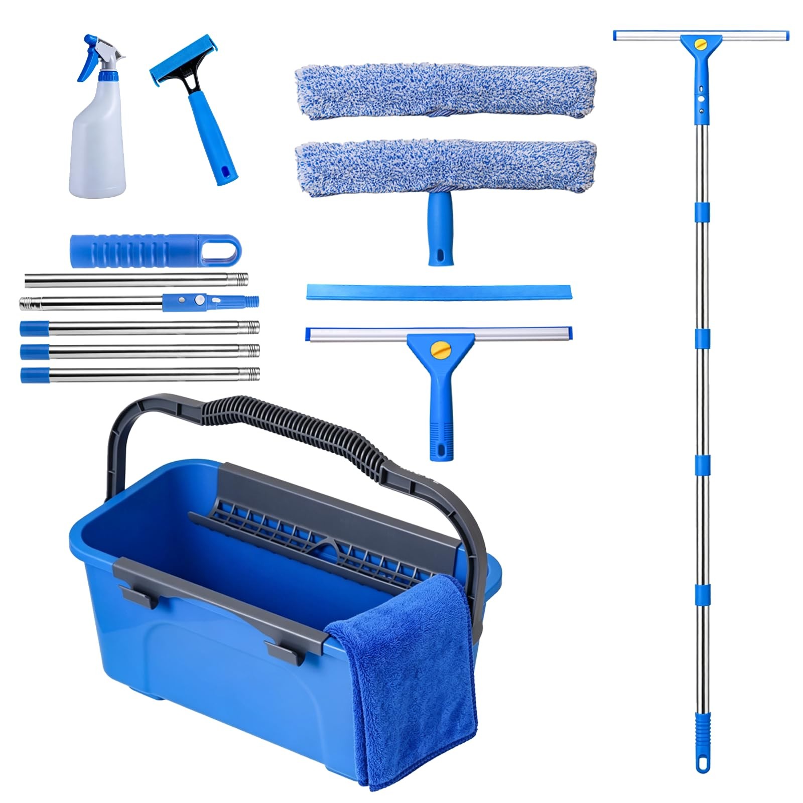 Professional Window Cleaning Kit with 76″ Telescopic Pole, Bucket 3 Gallon,2P…