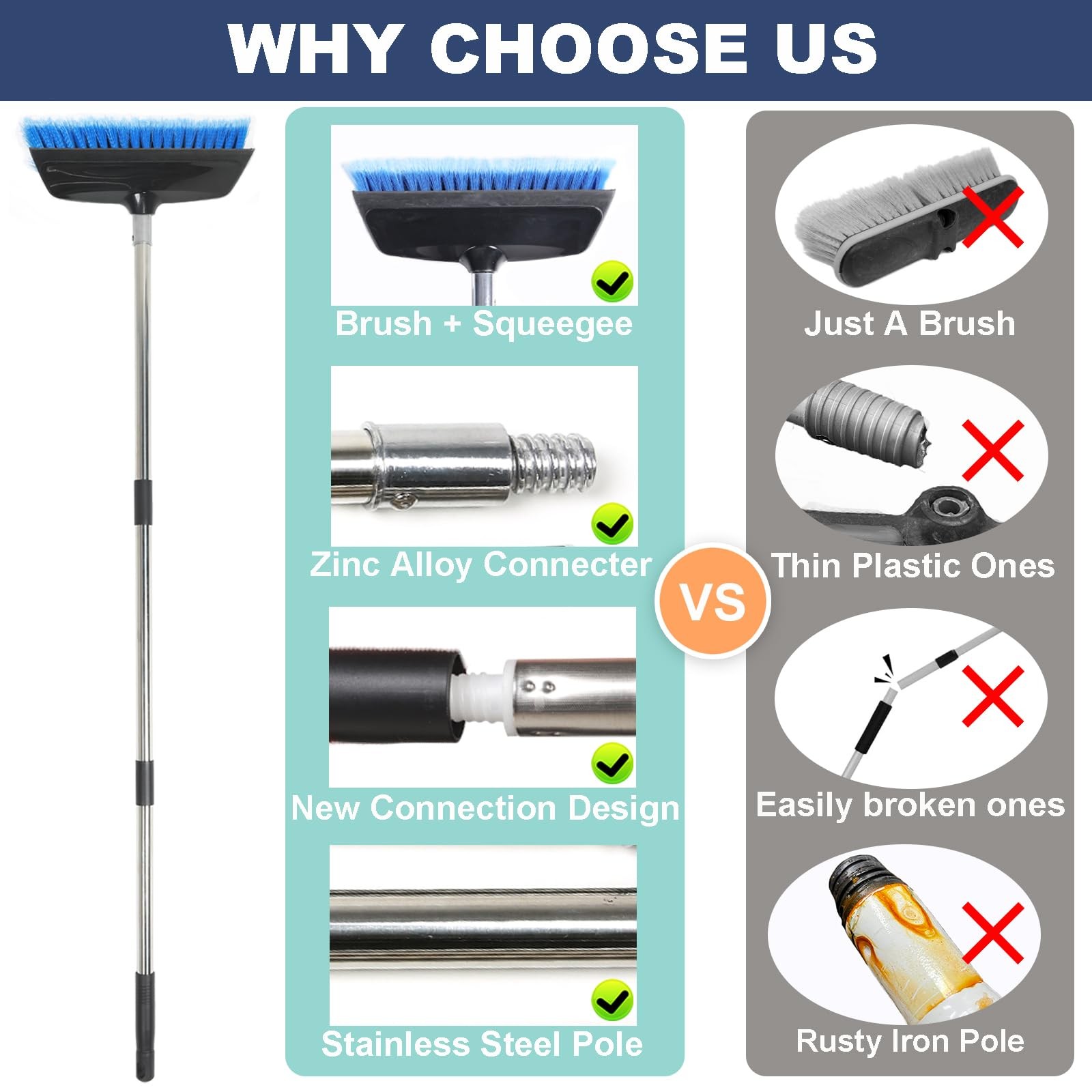 52″ Car Wash Brush with Long Handle | Built-in Rubber Squeegee & Rubber Bumpe…