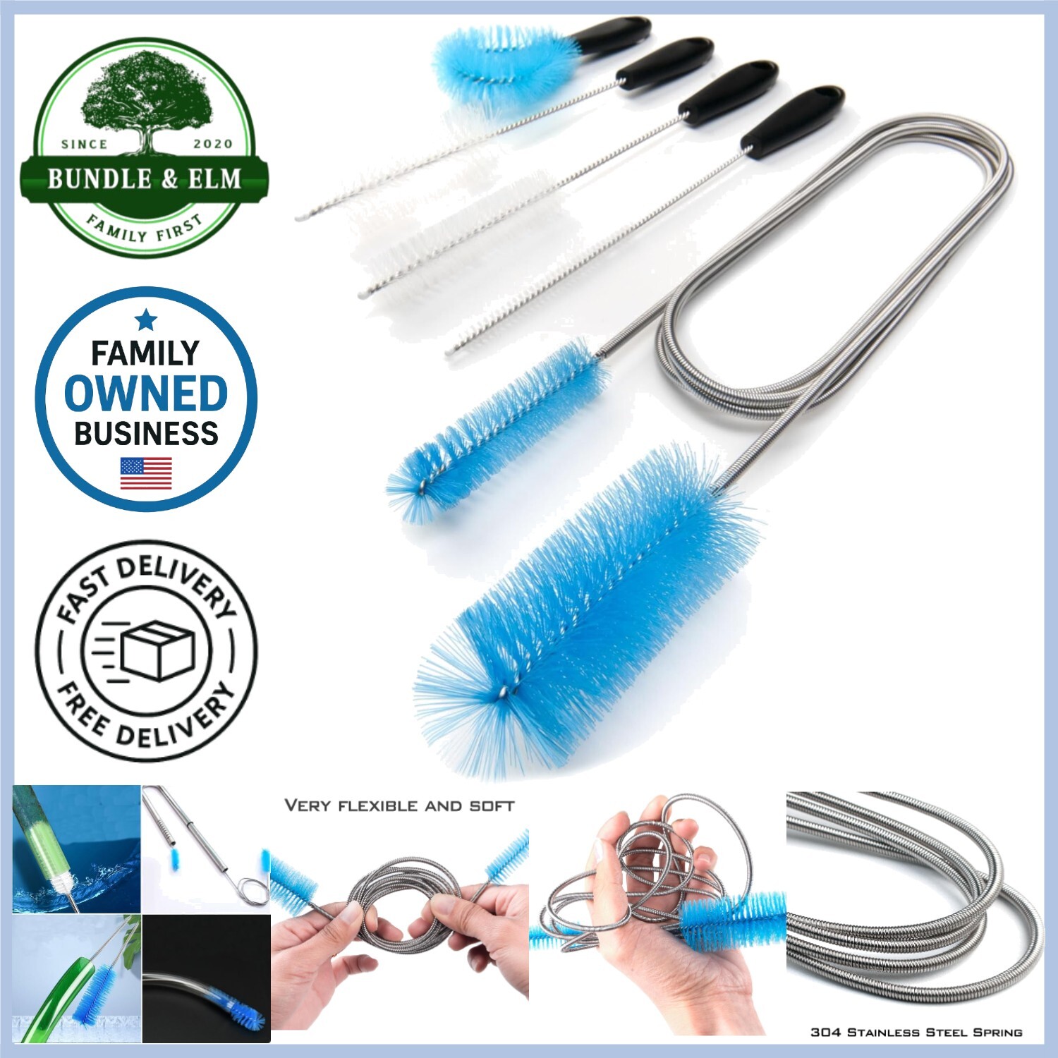 Flexible Drain Brush 61-Inch Long Dual Head Hose and Crevice Brush 3-Pack
