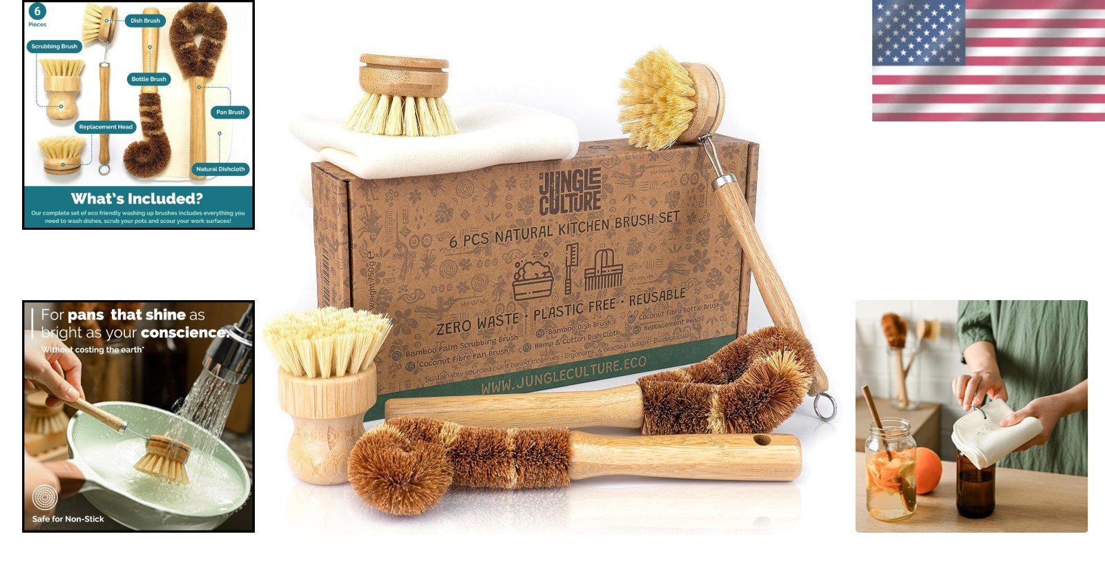 Natural Bamboo and Coconut Dish Brush Set – 6 Versatile Kitchen Cleaning Tools